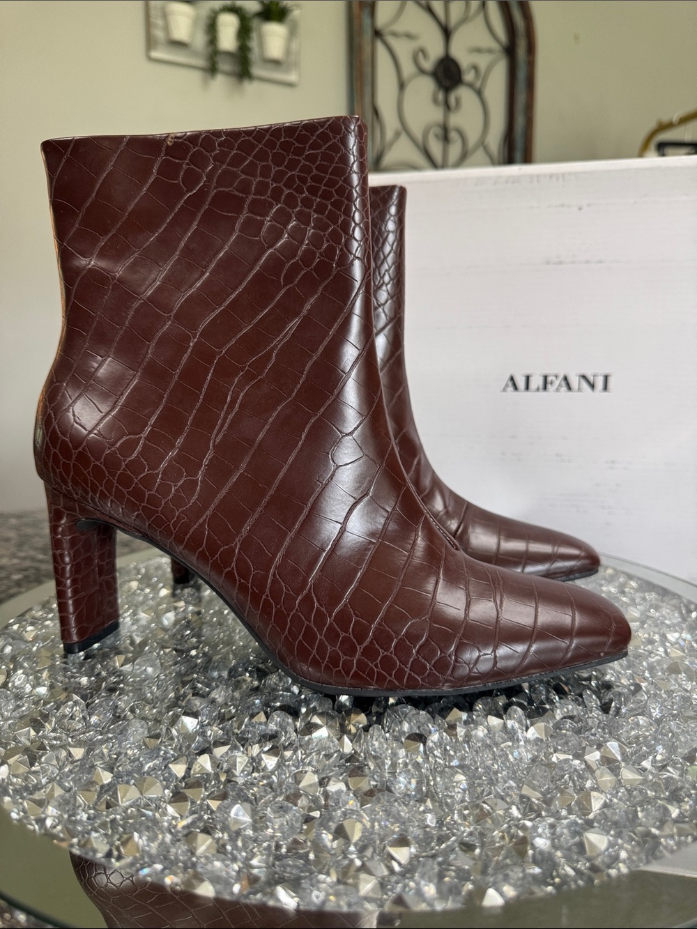 Alfani Brown Croc-Embossed square Toe Ankle Boots NEW 8.5